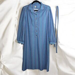 Vintage Striped‎ Dress Size 14 Blue Long Sleeve Button Up Midi Mod Style Retro